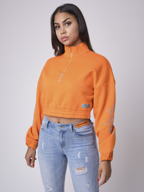 Sweater col montant zippé dragons - Orange