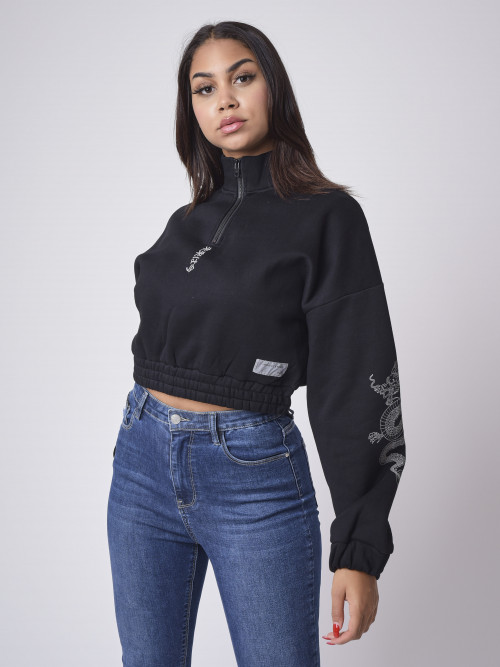 Sweater mit Stehkragen und Reißverschluss Drachen - Schwarz