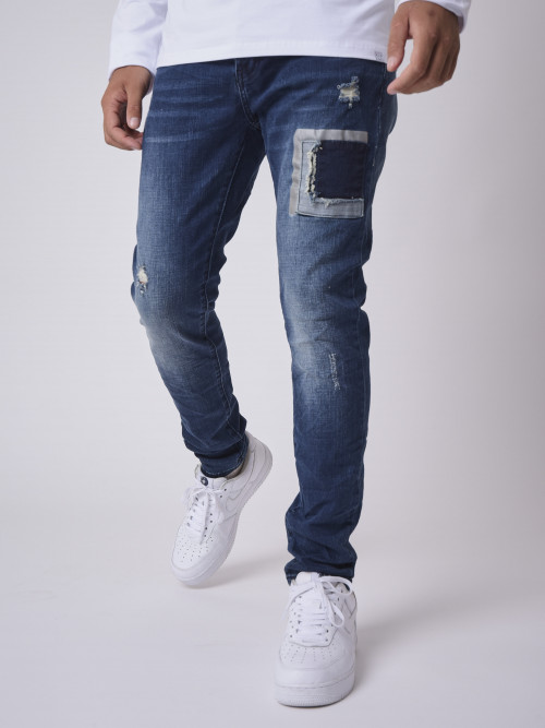 Jeans slim con canesú patchwork - Azul