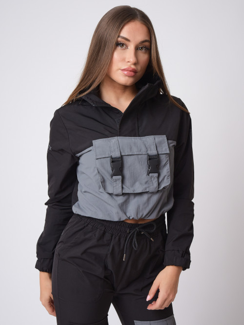 Pull-on hoodie with pocket and clips - Black