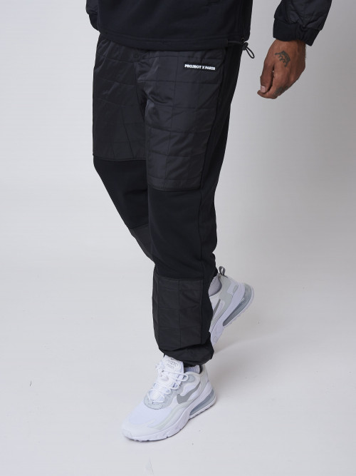 Square quilted nylon insert jogging bottoms - Black