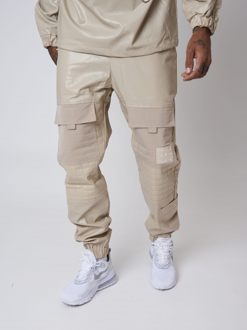 Faux-leather jogging bottoms with quilted yoke - Beige