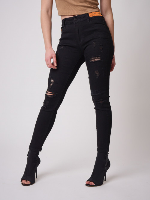 Skinny fit jeans etiqueta con logotipo - Negro