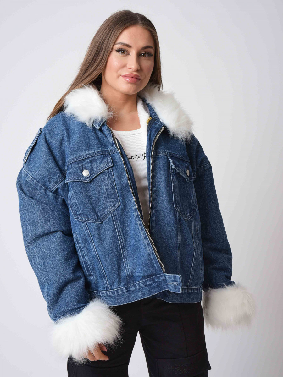 Denim jacket with fur-effect sleeves and collar