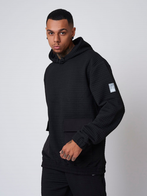 Loose hoodie with square quilting - Black