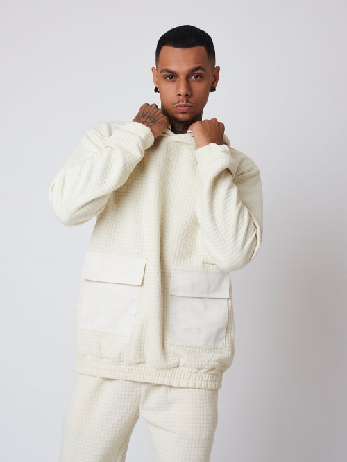 Loose hoodie with square quilting - Ivory