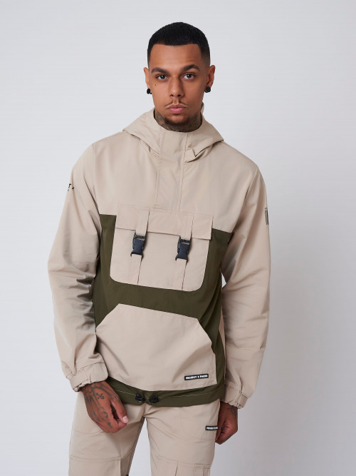 Windbreaker with pull-on hood and clips - Khaki