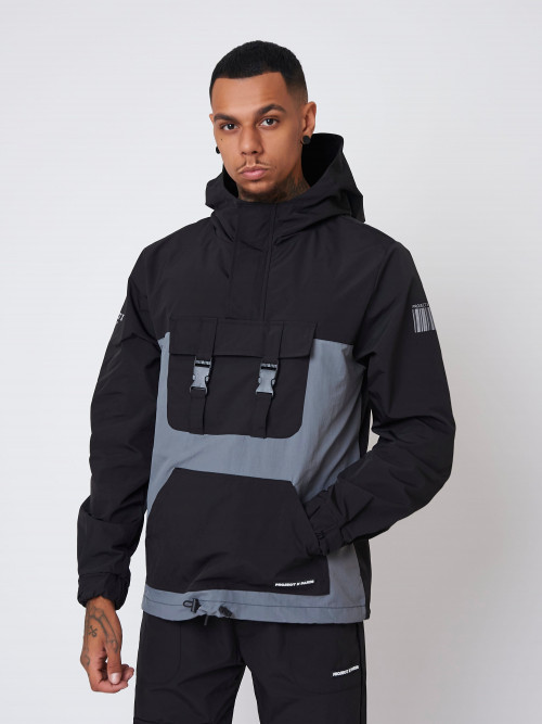 Windbreaker with pull-on hood and clips - Black