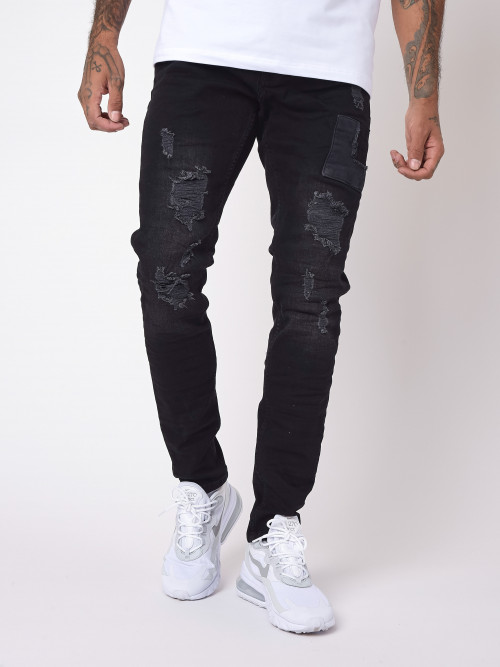 Jeans pitillo con inserciones de parches - Negro
