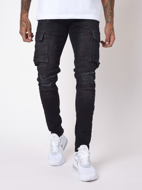 Schmale Jeans im Cargo-Stil - Schwarz