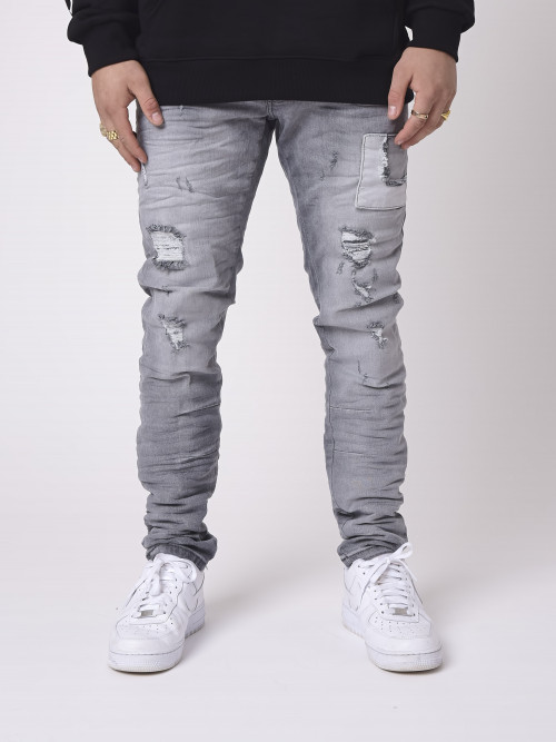 Jeans pitillo con inserciones de parches - Gris