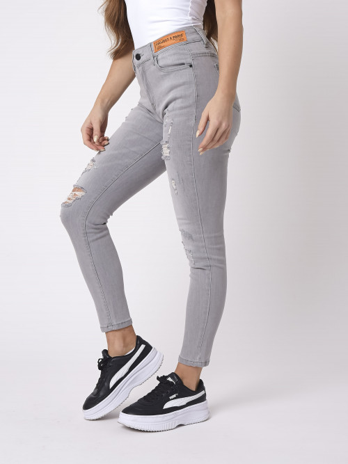 Skinny fit jeans etiqueta con logotipo - Gris claro