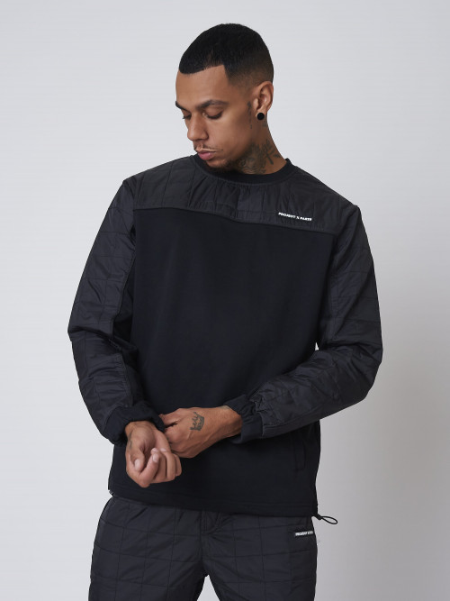 Round-neck sweatshirt with square quilted nylon yoke - Black