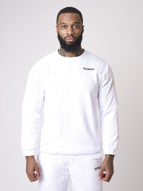 Round-neck sweatshirt with square quilted nylon yoke - White