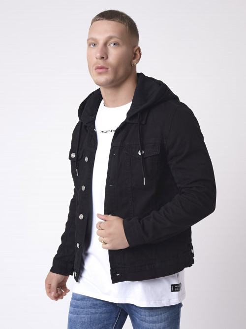 Denim-style jacket with detachable hood - Black