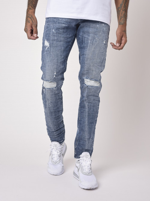 Jeans slim azul gris con efecto desgastado y agujeros - Azul