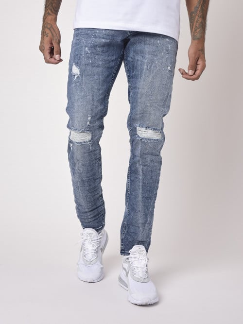 Jeans slim grigio blu con effetto consumato e fori - Blu
