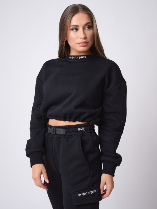 Sweatshirt curta com gola redonda em estilo gótico - Preto