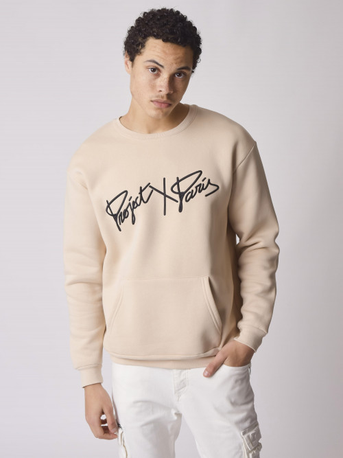 Round-neck sweatshirt with thick logo embroidery - Beige