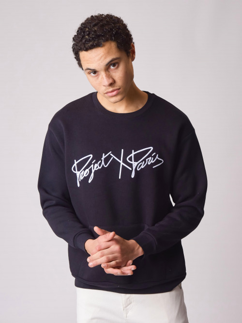 Round-neck sweatshirt with thick logo embroidery - Black