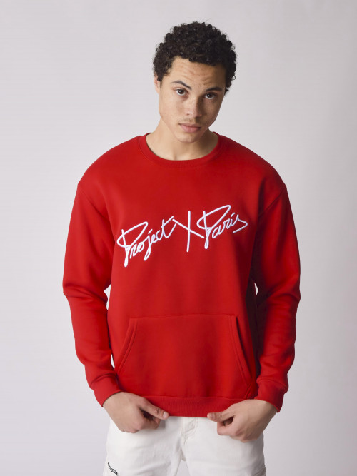 Round-neck sweatshirt with thick logo embroidery - Red