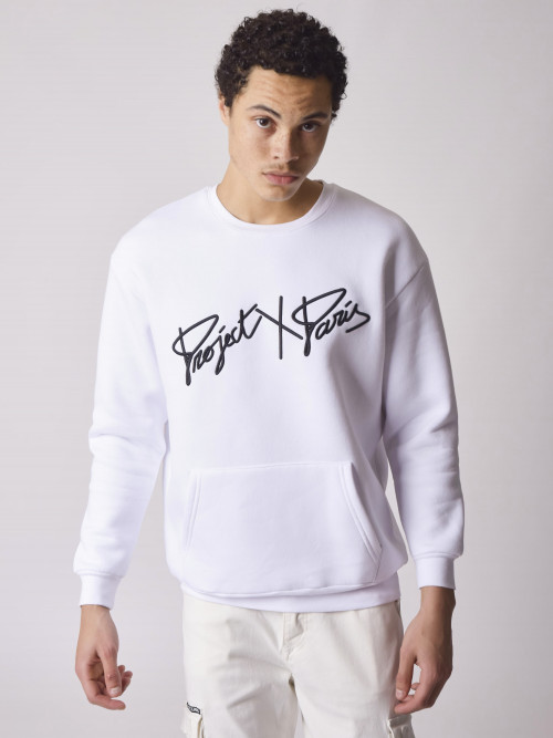 Round-neck sweatshirt with thick logo embroidery - White