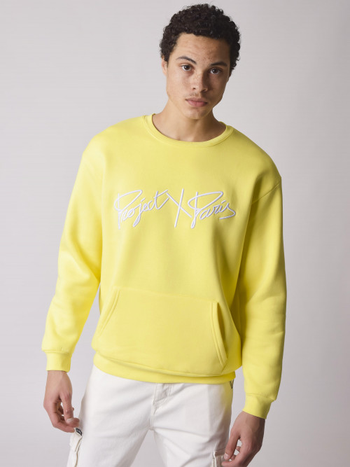 Round-neck sweatshirt with thick logo embroidery - Yellow
