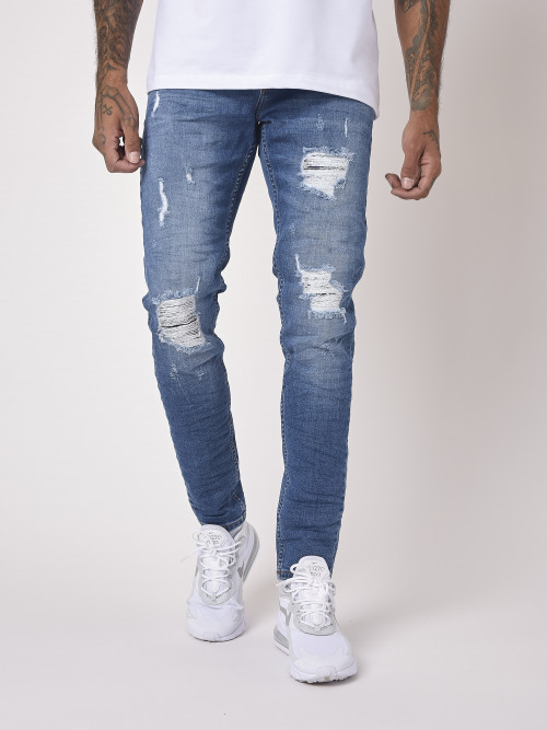 Jeans slim básicos azules con agujeros - Azul