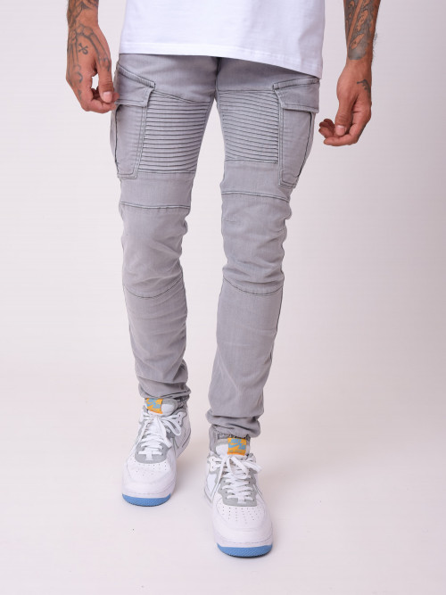 Biker-style cargo pants with ribbed hem - Light grey