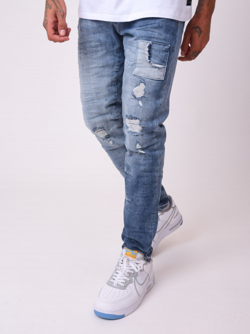 Jeans pitillo con inserciones de parches - Azul