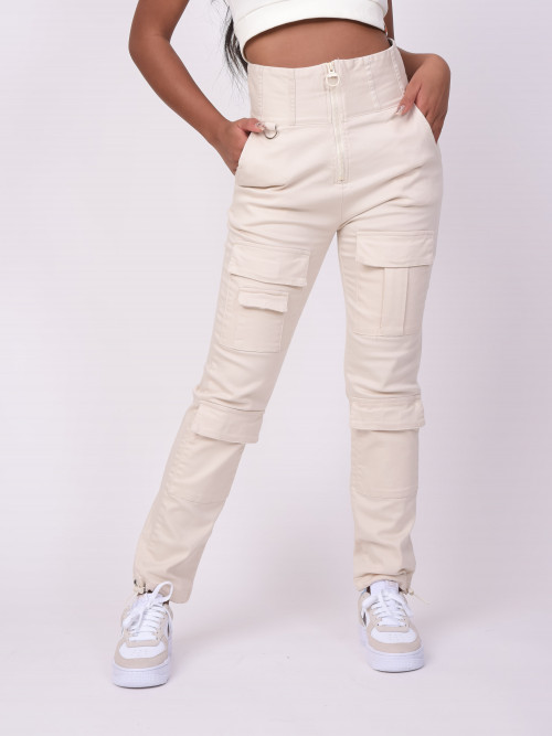 Pantalon taille haute multi-poche - Elfenbein