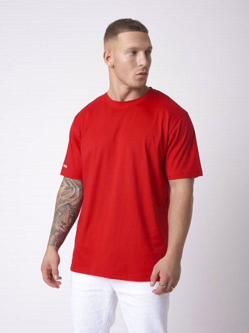 T-shirt bordada de manga única - Vermelho