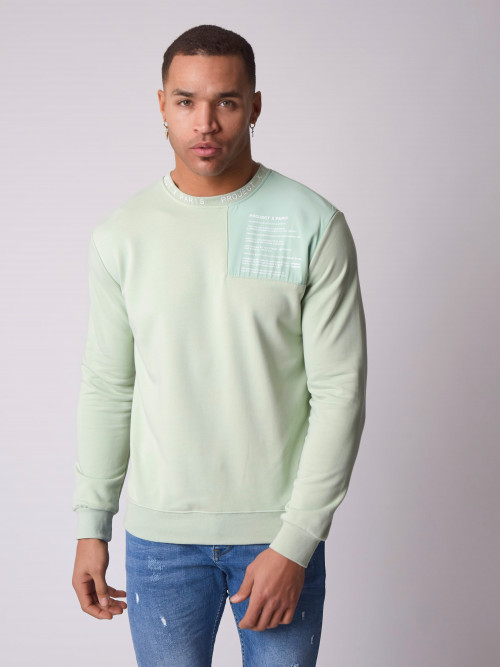 Sweatshirt mit Rundhalsausschnitt, Passe und Textnachricht - Wassergrün