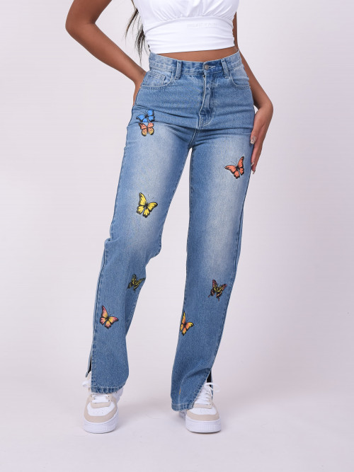 Jeans bordados con mariposas - Azul