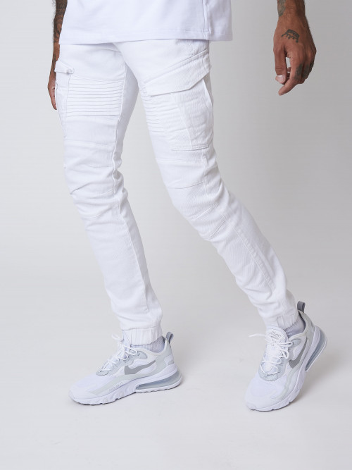 Pantalon style biker cargo avec bord-côte - Blanc