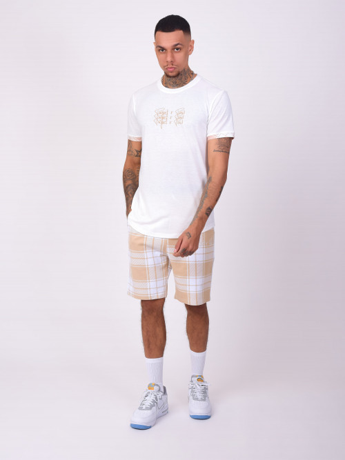 Tee-shirt triple embroidery reverse checks - White