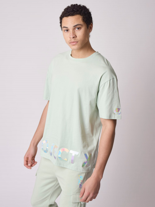 T-shirt com logógênero iridescente e folgada - Verde água