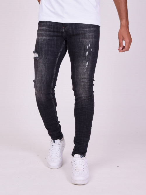 Skinny Jeans used wash gebleicht - Schwarz