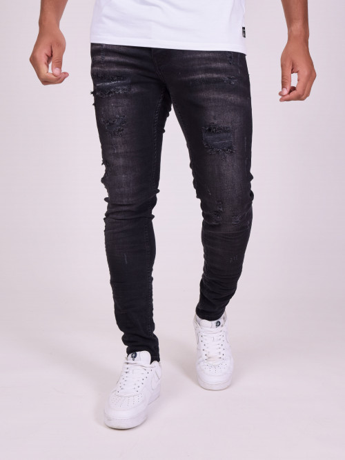 Jeans pitillo efecto desgastado - Negro