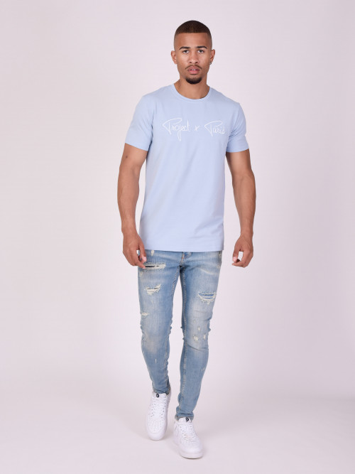 Tee-shirt basic broderie Essentials Project X Paris - Bleu Ciel