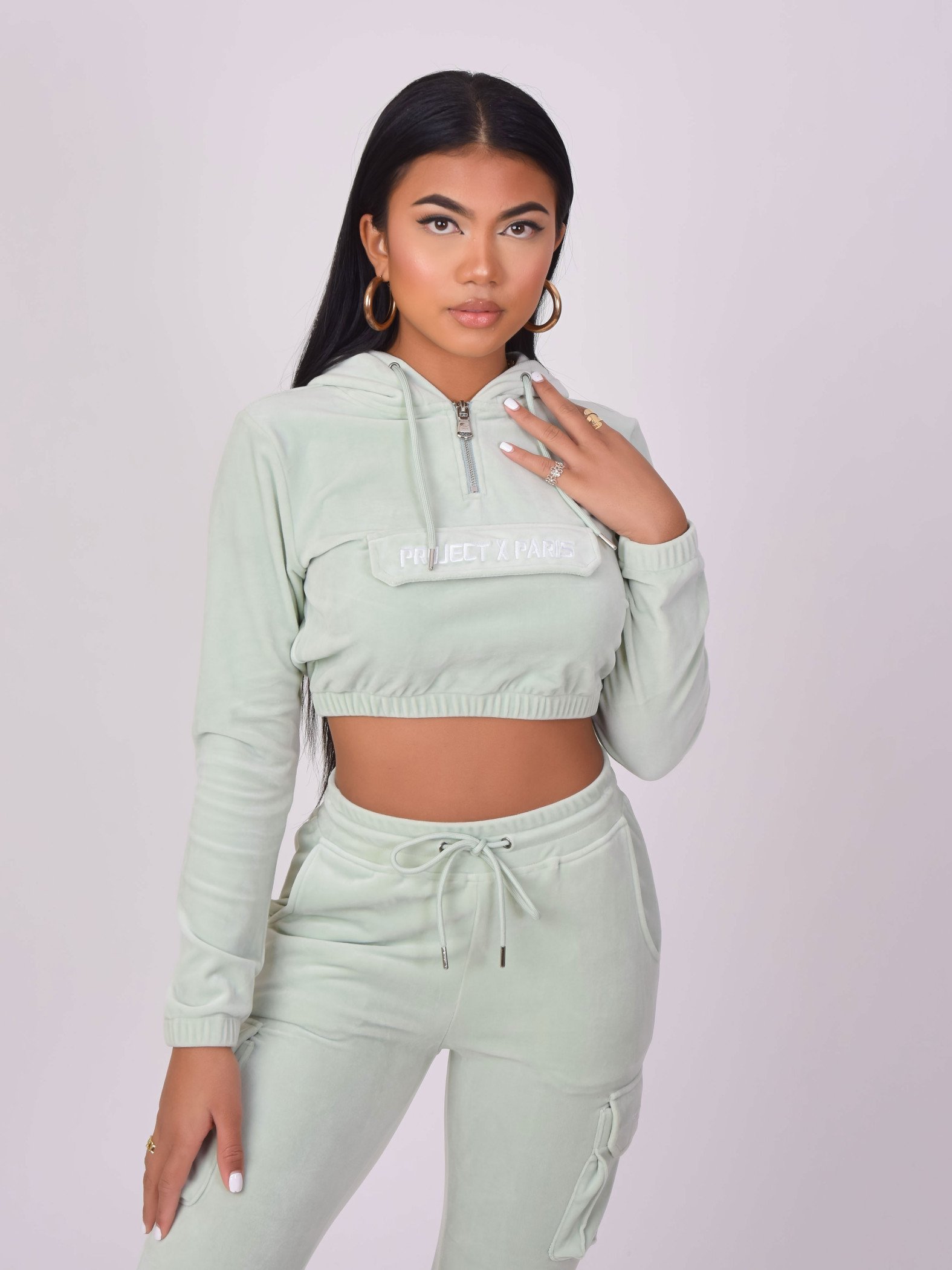 Sweat velours court capuche femme Project X Paris Vert d eau