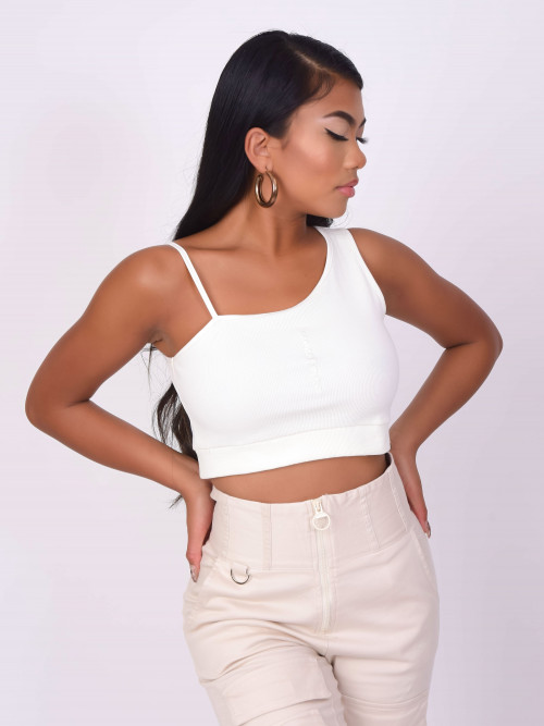 Asymmetrical crop top with logo embroidery - White