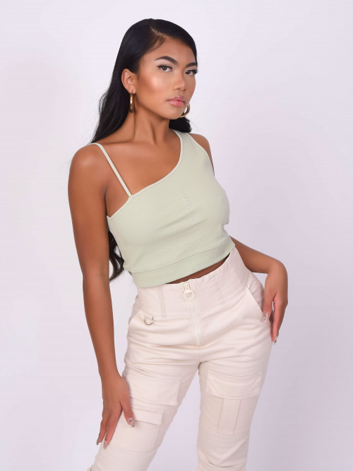 Asymmetrical crop top with logo embroidery - Water green