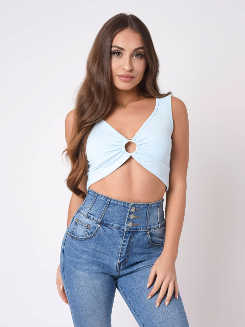 Low-cut top with ring detail - Light blue
