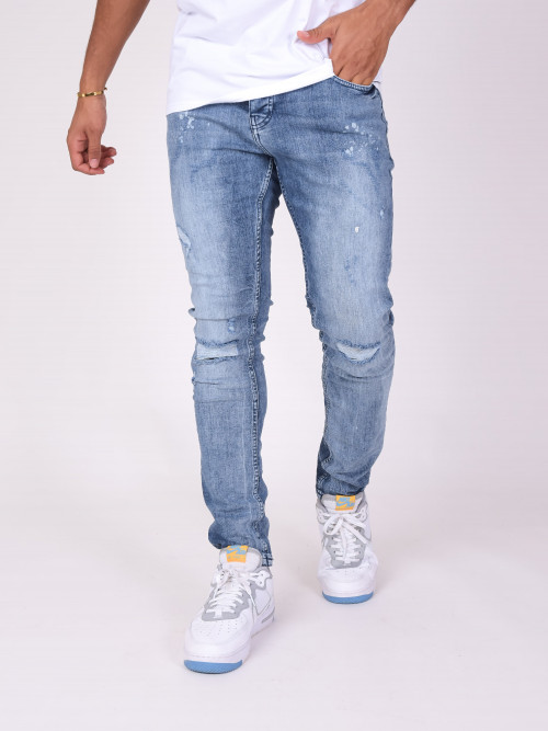 Schmal geschnittene Jeans mit Used-Effekt - Blau