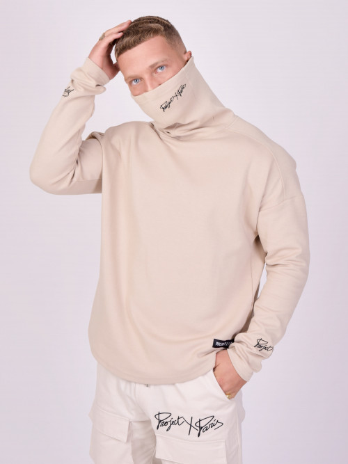 Pull col roulé logo broderie - Beige