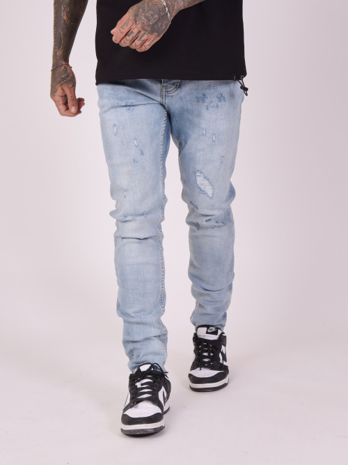 Regular jeans with mottled/scratched effect - Light blue