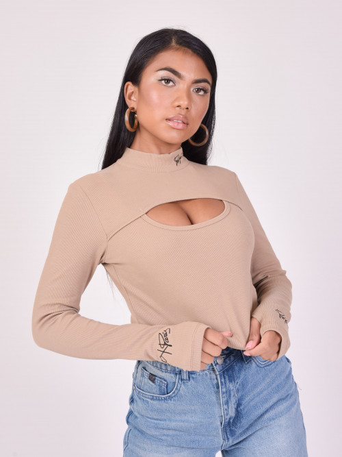 Long-sleeved top with chest opening - Beige