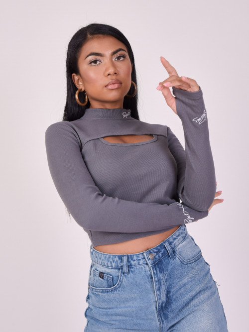 Long-sleeved top with chest opening - Grey