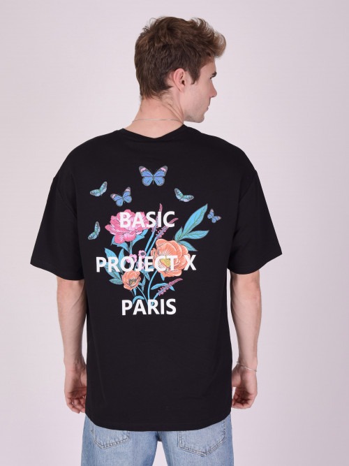 T-shirt floral de grandes dimensões - Preto